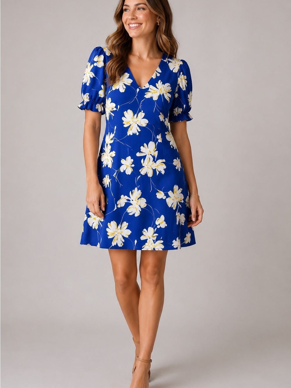 Tommy Hilfiger Blue Floral Puff Sleeve Dress Size 8 | V-Neck A-Line Spring Summe